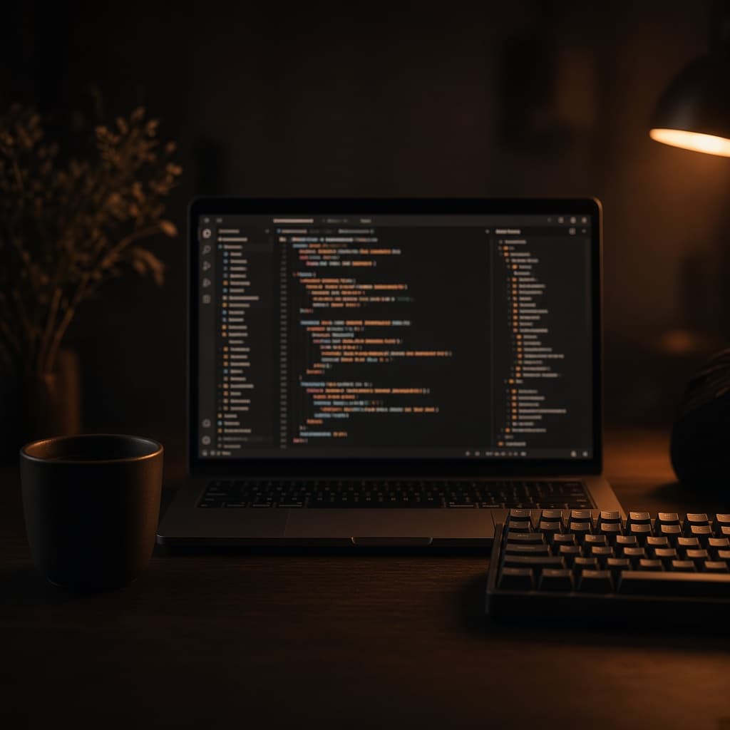 Developer workspace — cinematic coding desk